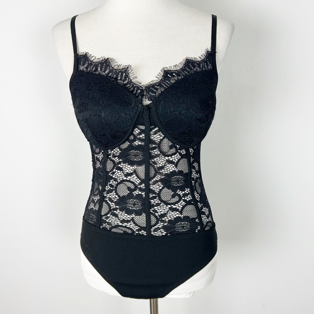 Black Mesh Lace Sheer Bodysuit Top Whimsigoth Grunge Size Medium Women's